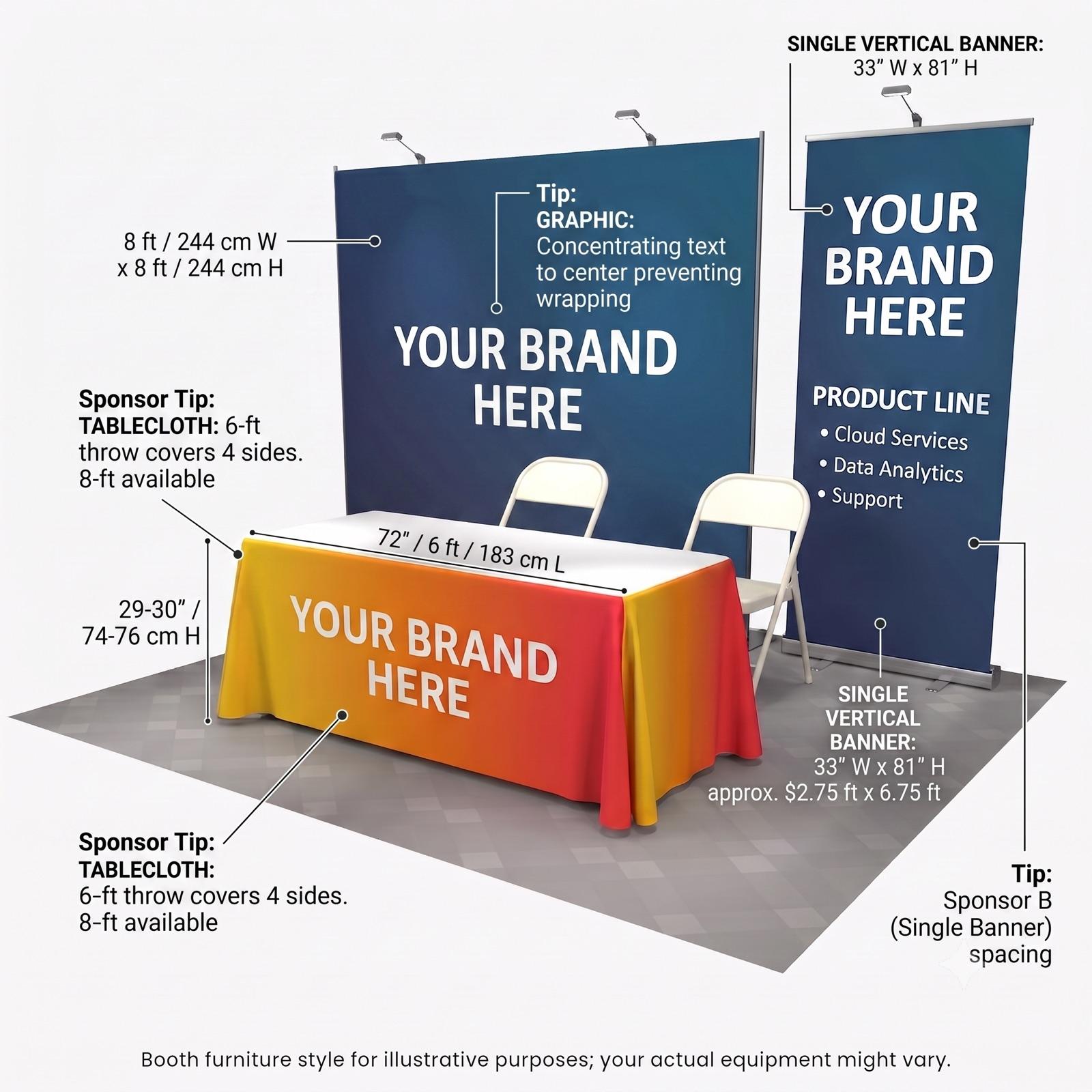 Diagram of booth dimensions: 8x8 foot backdrop, 6-foot table at 29-30 inches high, tablecloth throw sizing, and a 33 by 81 inch vertical banner