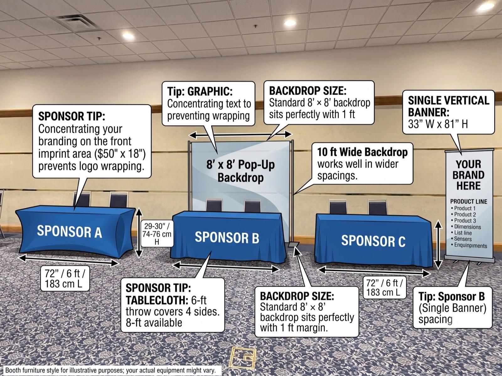 Example layout of three sponsor booths side by side showing backdrop spacing, tablecloth coverage, and banner placement relative to neighboring booths
