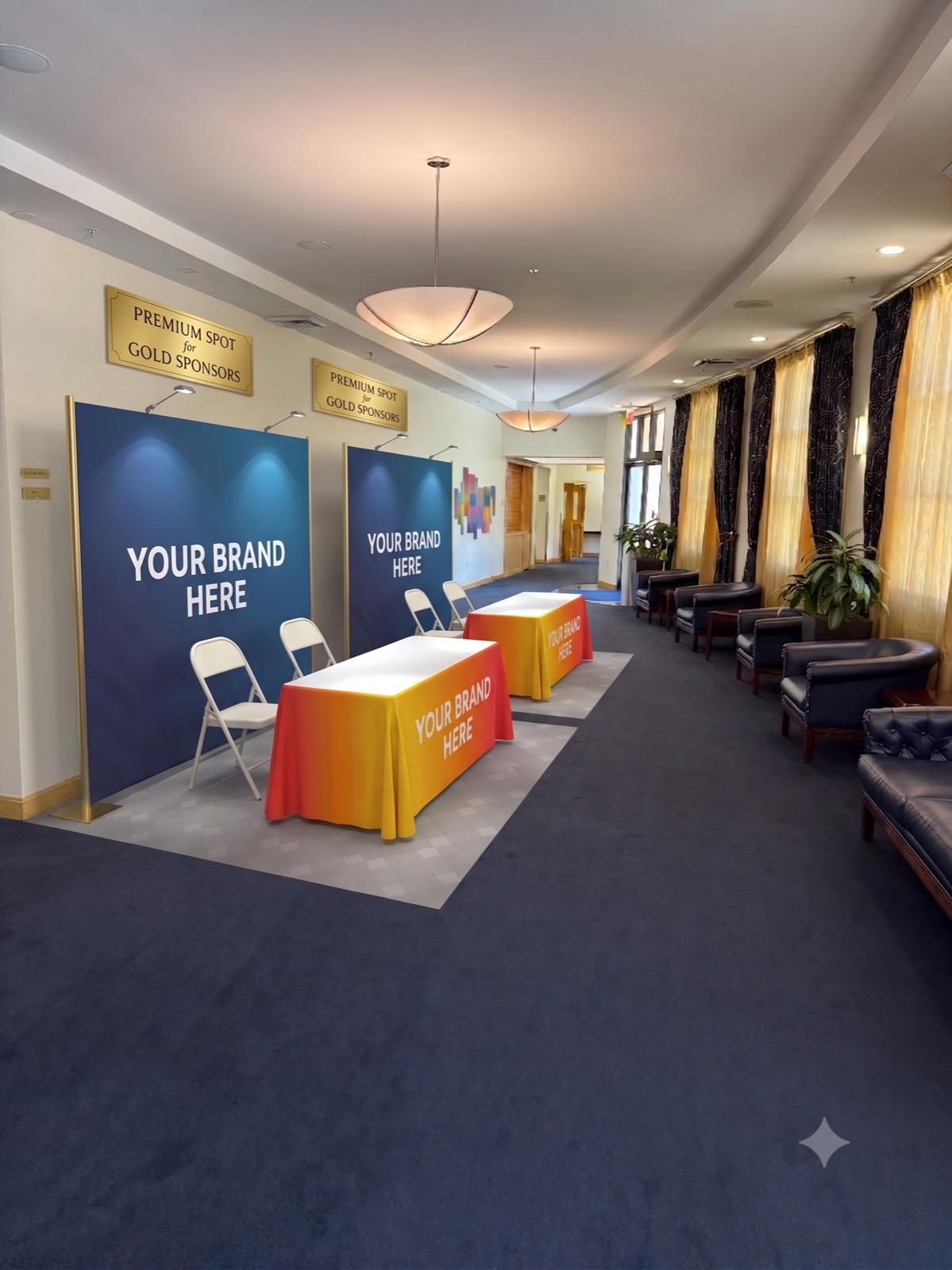 Two Gold sponsor booths positioned along a hallway, each marked with a Premium Spot for Gold Sponsors sign