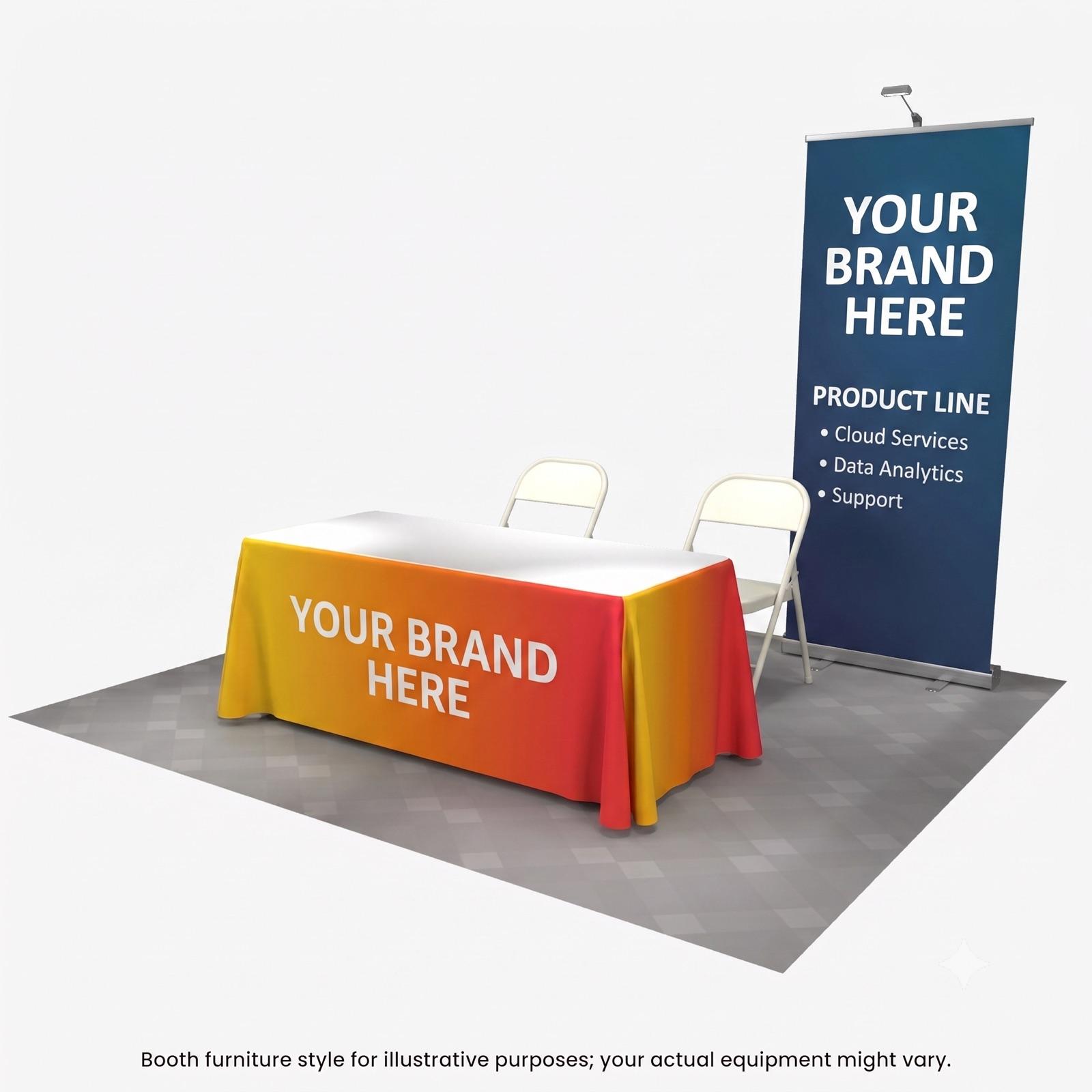 Silver sponsor booth setup with a single vertical retractable banner, branded tablecloth, and two chairs